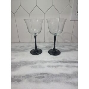 Luminarc Tulip Shaped Wine Glasses,‎ Vintage Domino Design, Black Stem, Set of 2